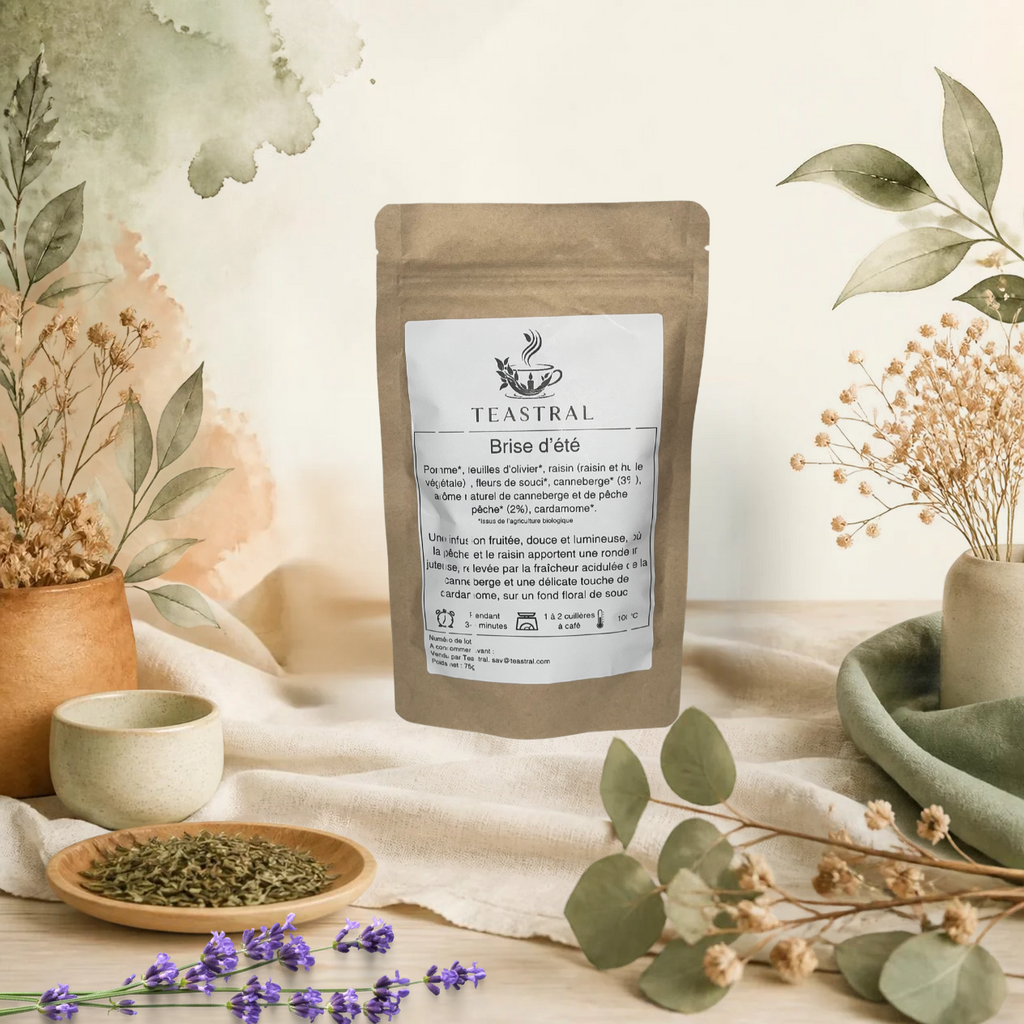 Sachet kraft de l’infusion bio Brise d’été Teastral, posé sur un lin beige avec eucalyptus, lavande et coupelle de plantes séchées
