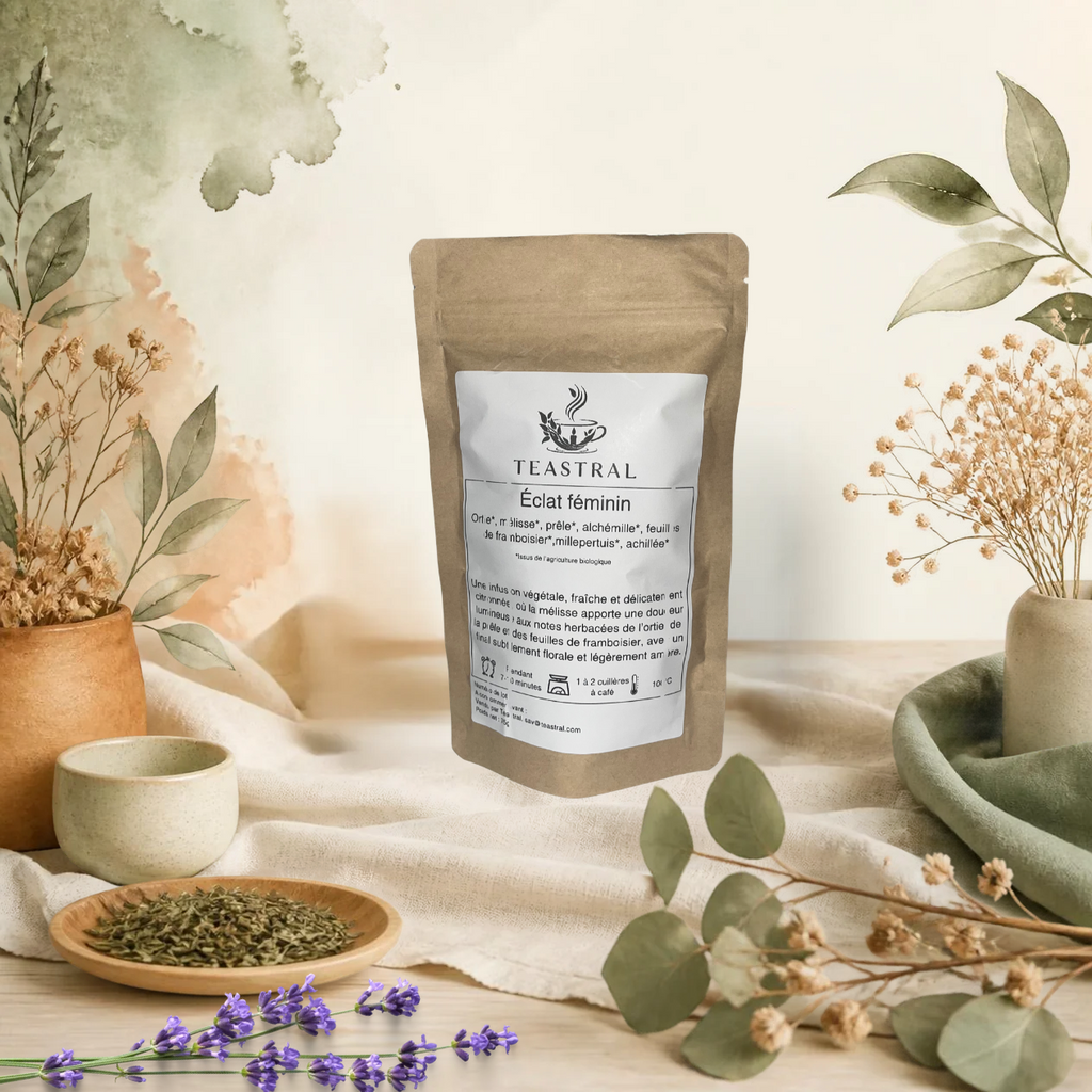 Sachet kraft de l’infusion de plantes bio Éclat féminin Teastral, posé sur un lin beige avec eucalyptus, lavande et coupelle de plantes séchées