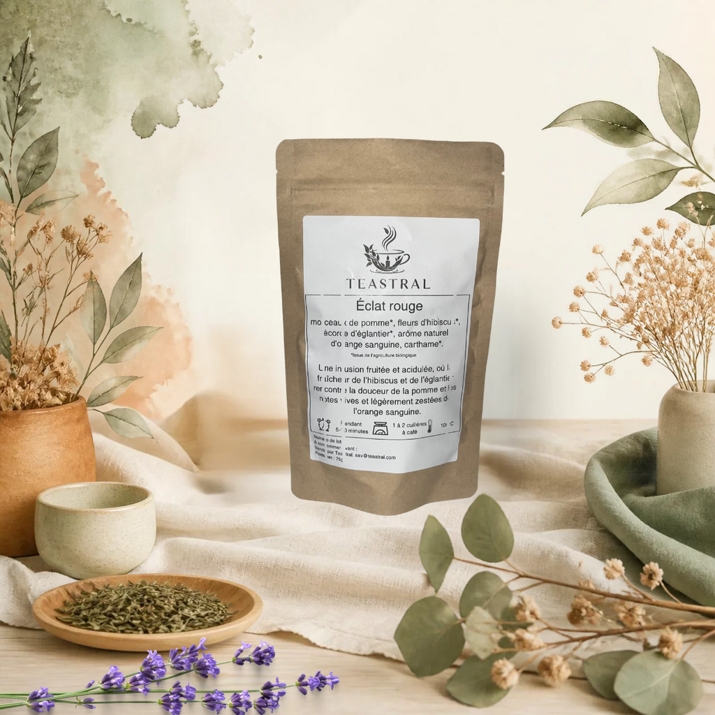 Sachet kraft de l’infusion bio Éclat rouge Teastral, posé sur un lin beige avec eucalyptus, lavande et coupelle de plantes séchées
