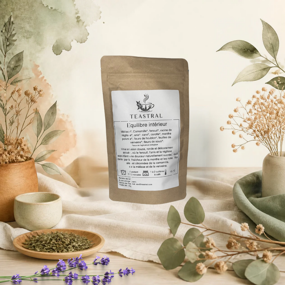 Sachet kraft de l’infusion de plantes bio Équilibre intérieur Teastral, posé sur un lin beige avec eucalyptus, lavande et coupelle de plantes séchées