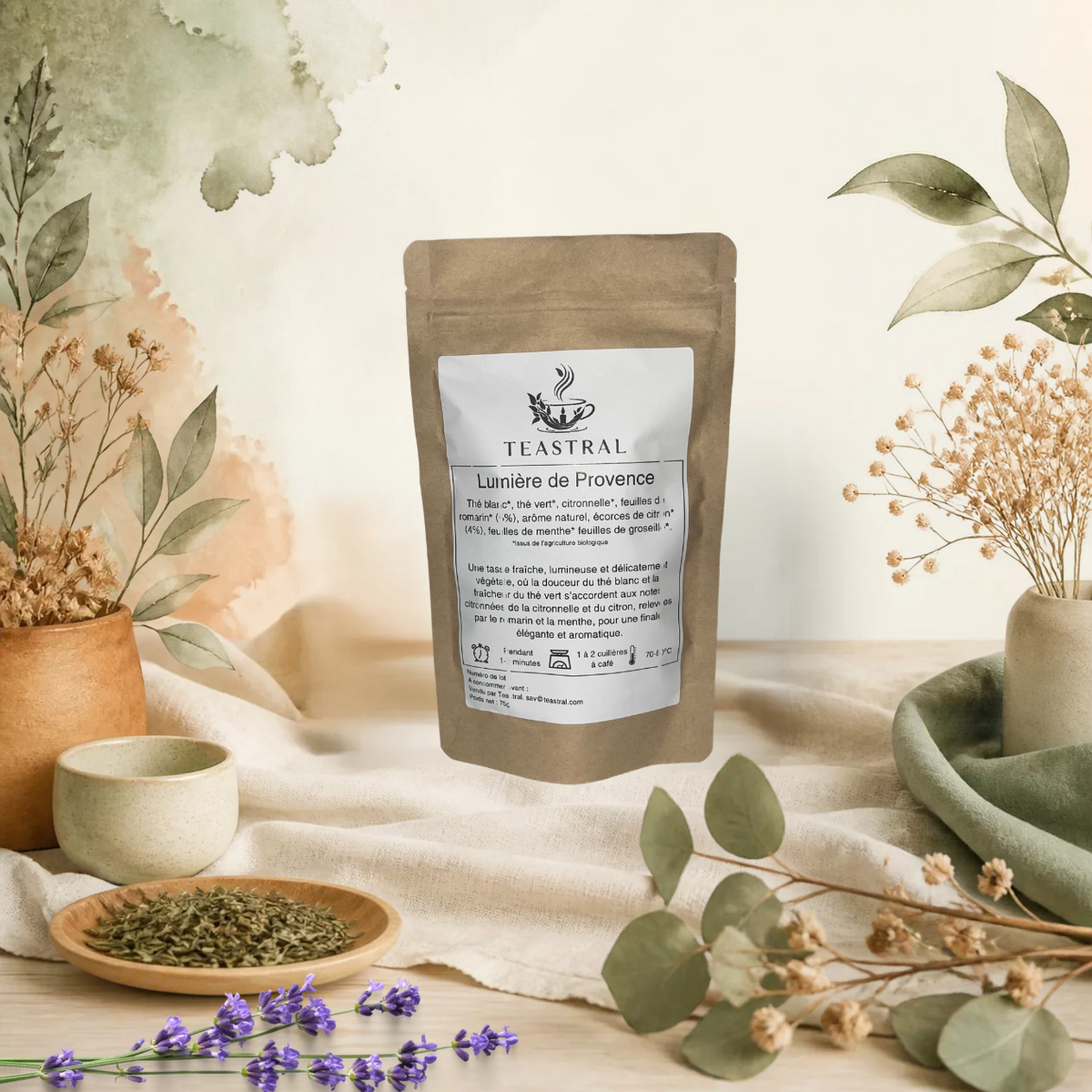 Sachet kraft du mélange de thé blanc et thé vert bio Lumière de Provence Teastral, posé sur un lin beige avec eucalyptus, lavande et coupelle de plantes séchées
