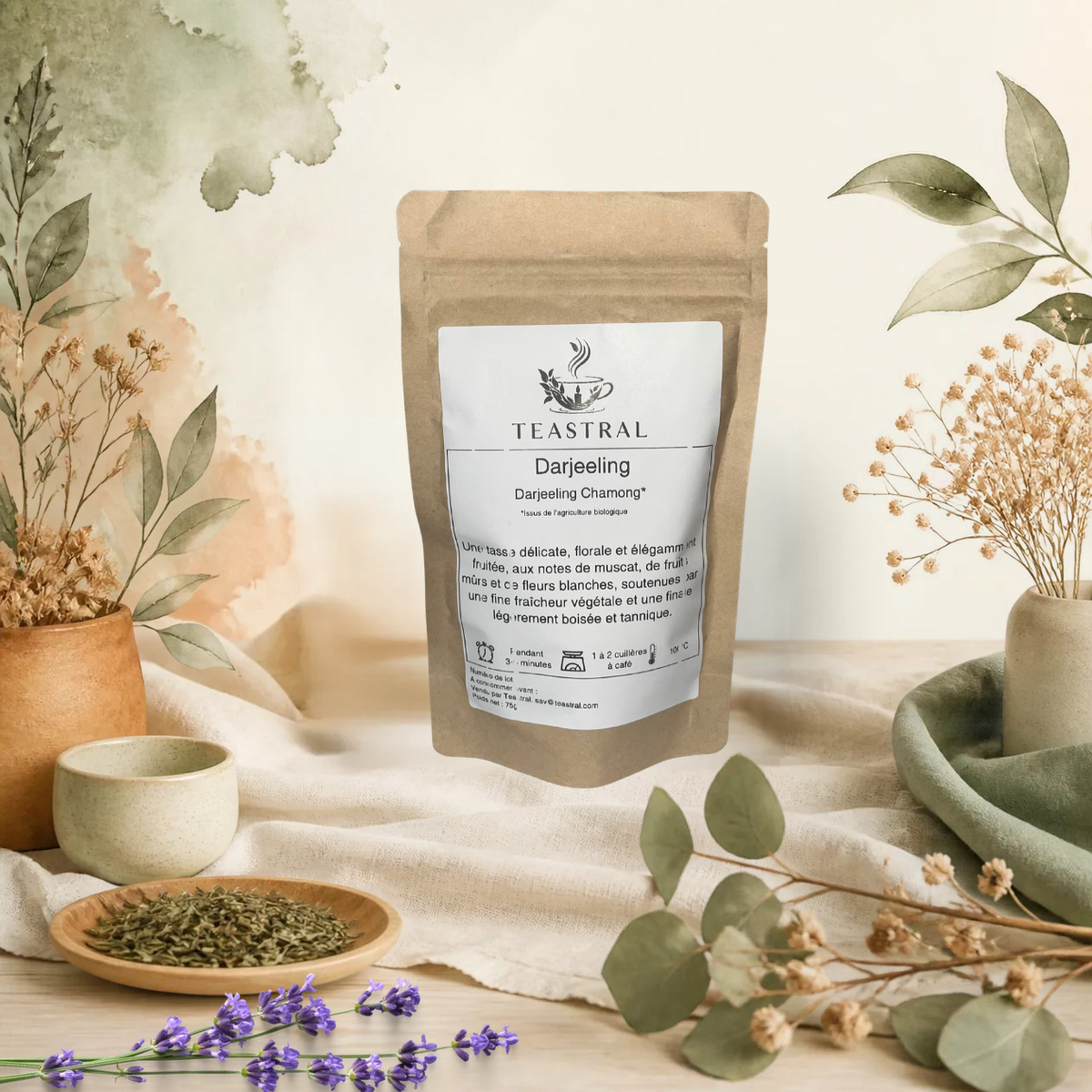 Sachet kraft de thé Darjeeling FTGFOP1 Chamong bio Teastral, posé sur un lin beige avec eucalyptus, lavande et coupelle de plantes séchées