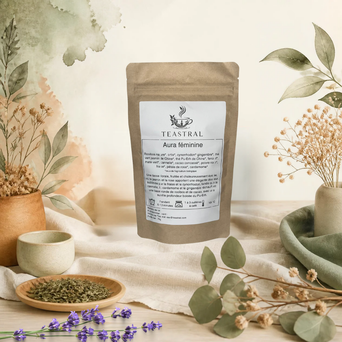 Sachet kraft du mélange bio Aura féminine Teastral, thé et infusion au rooibos, jasmin et rose