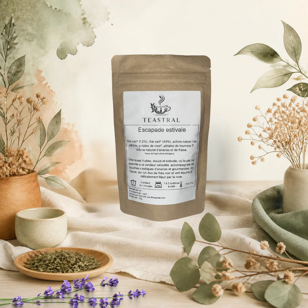 Sachet kraft du mélange de thé noir et thé vert bio Escapade estivale Teastral, posé sur un lin beige avec eucalyptus, lavande et coupelle de plantes séchées