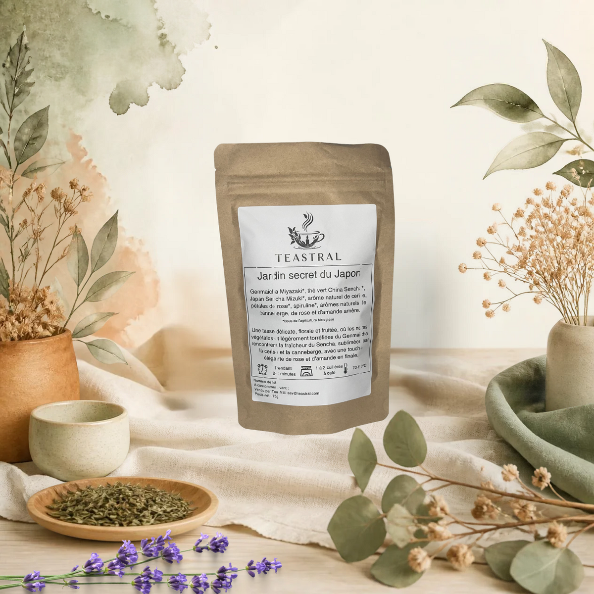 Sachet kraft du mélange de thés verts bio Jardin secret du Japon Teastral, posé sur un lin beige avec eucalyptus, lavande et coupelle de plantes séchées