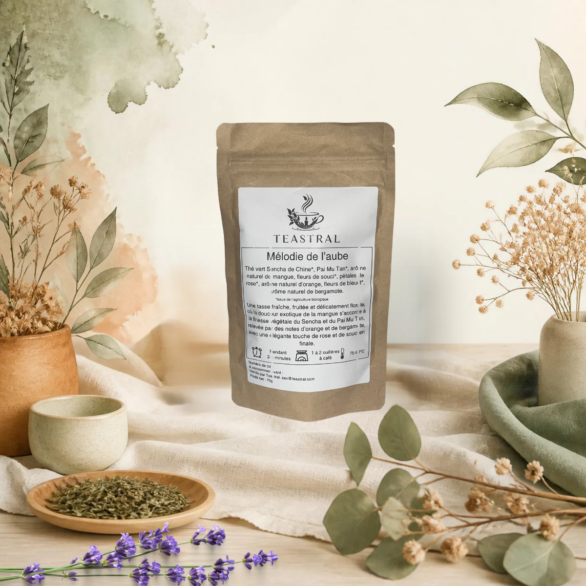 Sachet kraft du mélange de thé vert Sencha et thé blanc Pai Mu Tan bio Mélodie de l'aube Teastral, posé sur un lin beige avec eucalyptus, lavande et coupelle de plantes séchées