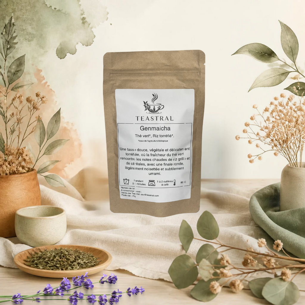 Sachet kraft du thé vert Genmaicha bio au riz torréfié Teastral, posé sur un lin beige avec eucalyptus, lavande et coupelle de plantes séchées