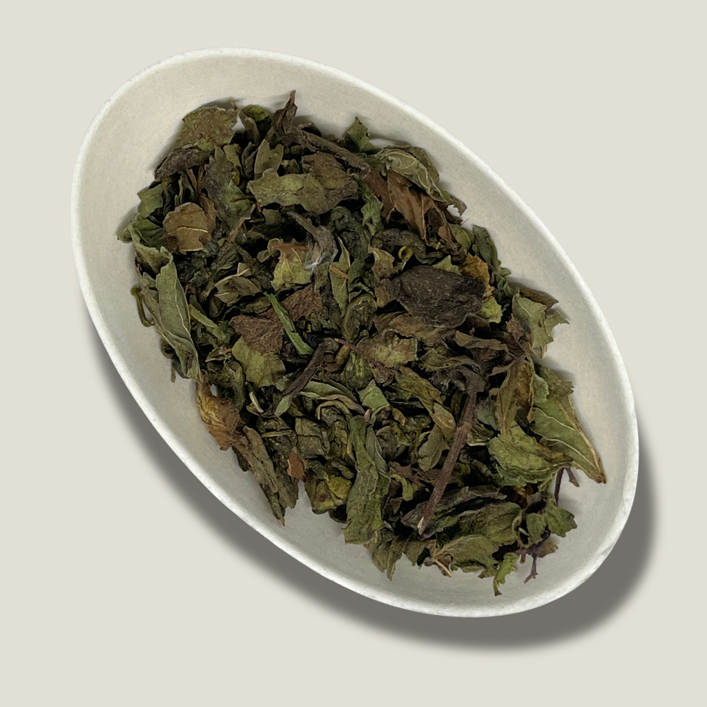 Thé vert Gunpowder bio à la menthe poivrée en vrac dans une coupelle blanche : feuilles séchées vert olive et brunes, froissées et roulées
