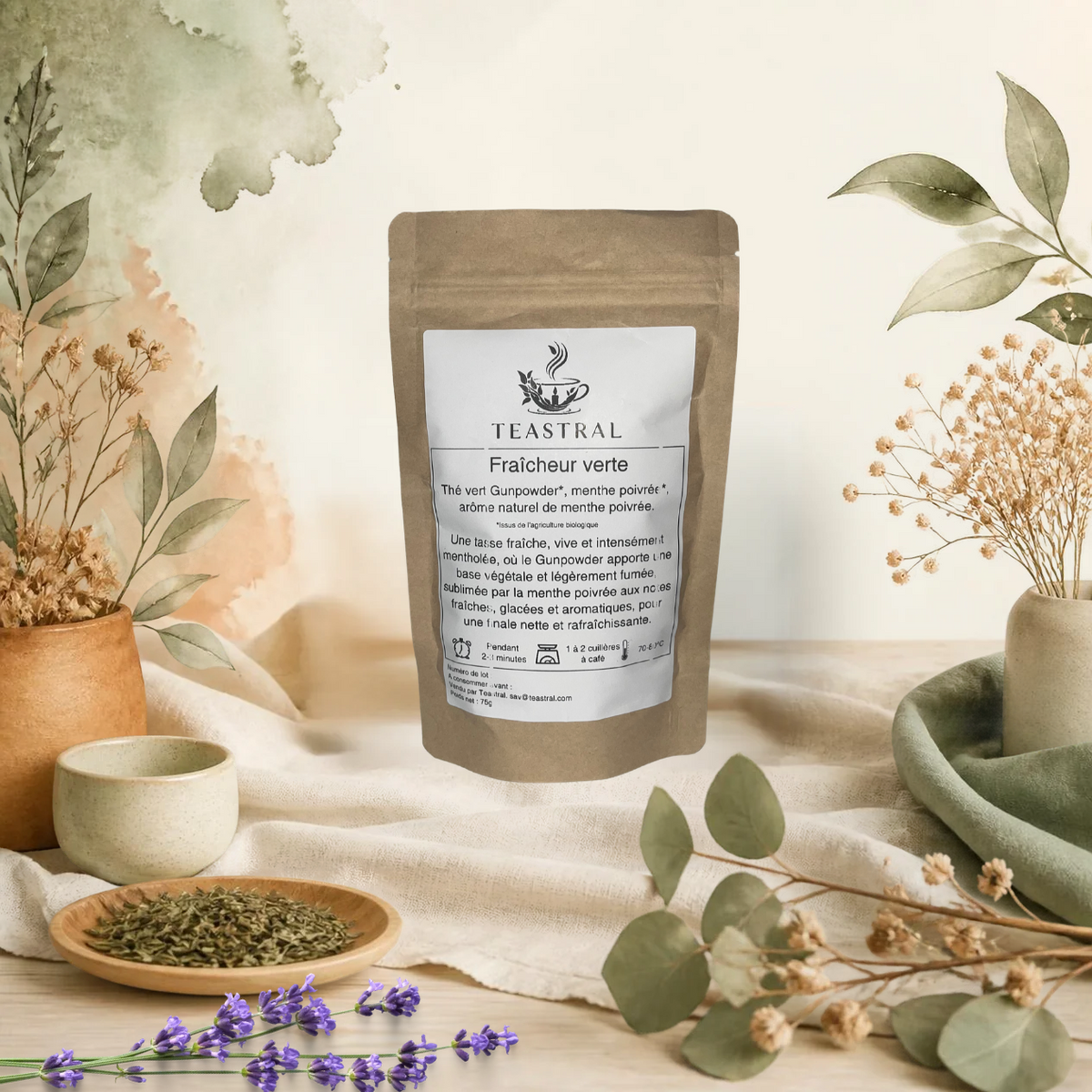 Sachet kraft du thé vert Gunpowder bio à la menthe poivrée Fraîcheur verte Teastral, posé sur un lin beige avec eucalyptus, lavande et coupelle de plantes séchées