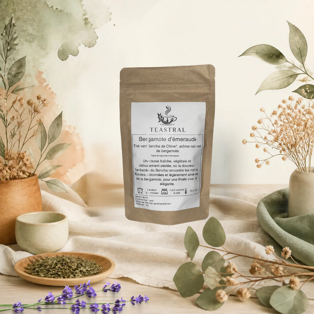 Sachet kraft de thé vert Sencha bio Bergamote d’émeraude Teastral, posé sur un lin beige avec eucalyptus, lavande et coupelle de plantes séchées