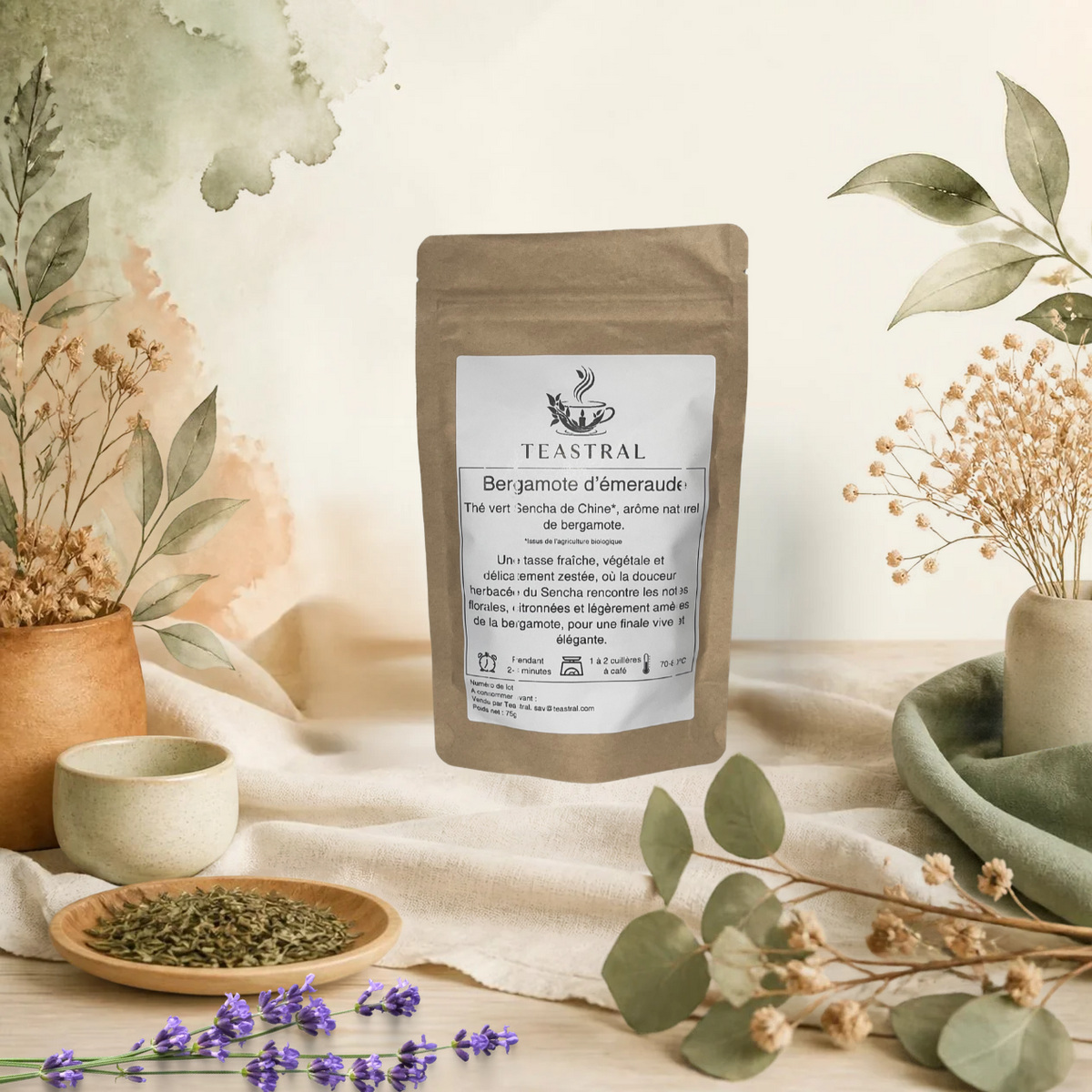 Sachet kraft de thé vert Sencha bio Bergamote d’émeraude Teastral, posé sur un lin beige avec eucalyptus, lavande et coupelle de plantes séchées
