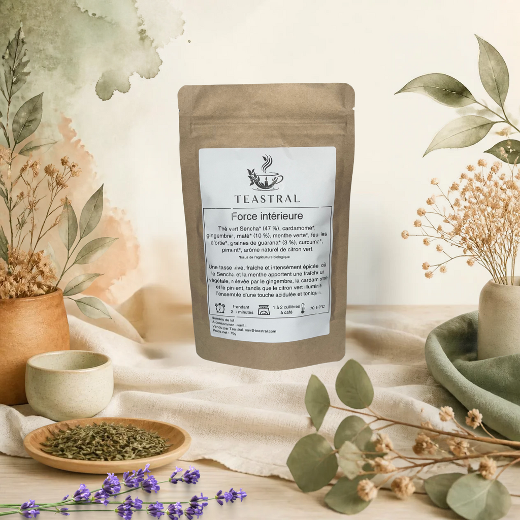 Sachet kraft du thé vert Sencha bio Force intérieure Teastral, posé sur un lin beige avec eucalyptus, lavande et coupelle de plantes séchées